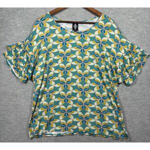 Agnes & Dora XL Frill Sleeve Top Womens Turquoise Geometric Pattern